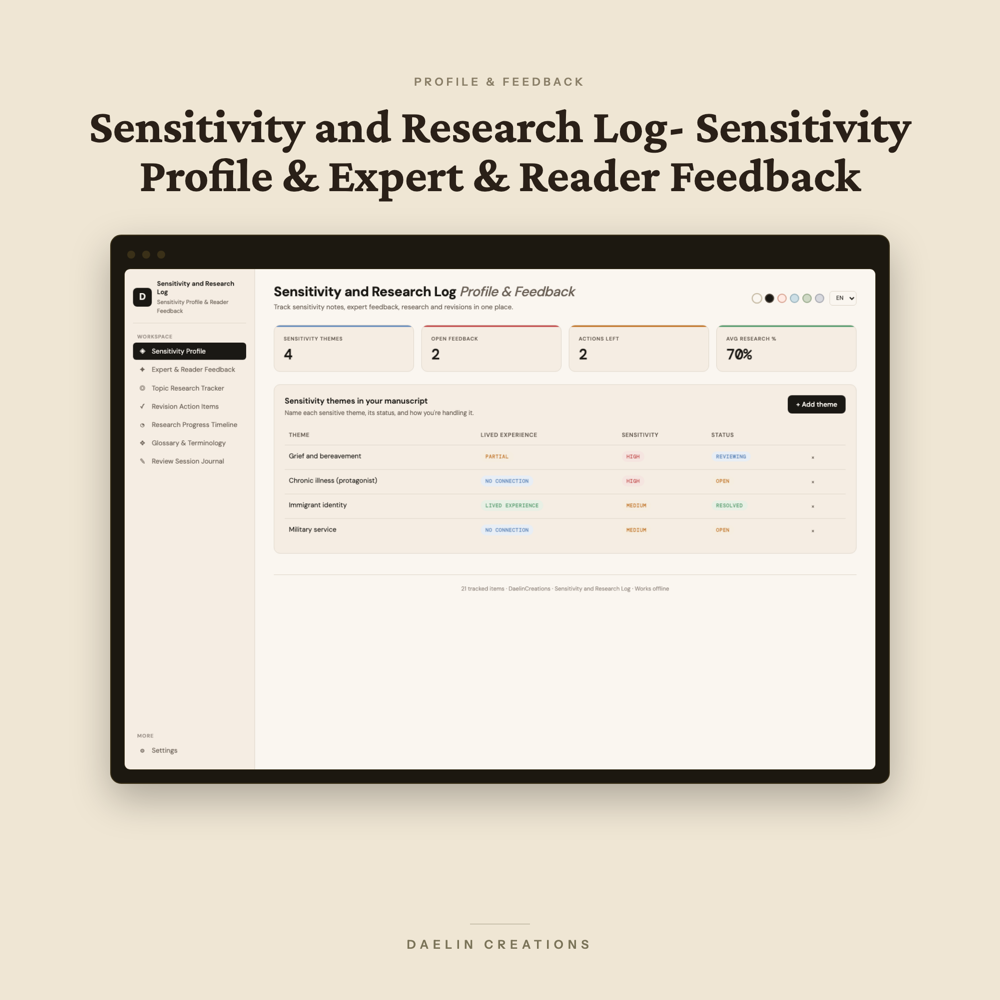 Sensitivity and Research Log: Sensitivity Profile & Expert & Reader Feedback